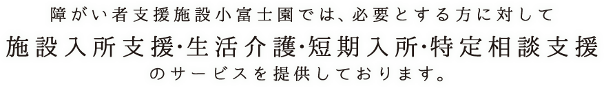 障がい者支援施設小富園では、必要とする方に対して施設入所支援・生活介護・短期入所・特定相談支援のサービスを提供しております。